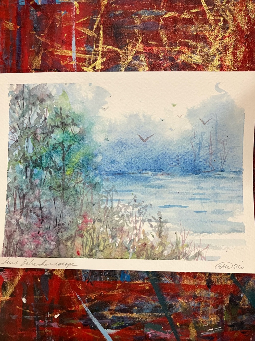 ORIGINAL lake landscape painting nature tree art bird artwork NEW Artettina USA